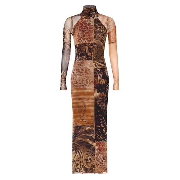 Fuzzi Patchwork Mesh Midi Dress SMALL Slinky Bodycon Designer Mockneck $700 - Picture 9 of 14